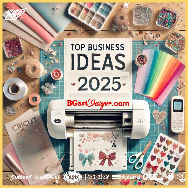 Top Business Ideas 2025 with Cricut, Silhouette, and Brother cutting machines. Workspace with crafting supplies, rhinestones, and SVG design templates.