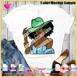 Stylish Afro woman in cowboy hat vector illustration. Instant digital download for multi-layered SVG, PNG, DXF, and EPS files. Ideal for use with Cricut and Silhouette cutting machines. Create unique and trendy t-shirt designs with this high-quality vector design.