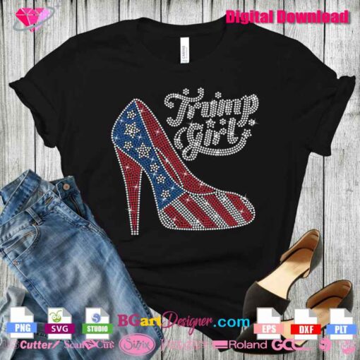 Rhinestone Trump Girl American Flag High Heel SVG on T-Shirt Mockup - Digital Download for Cricut, Silhouette - Includes SVG, EPS, DXF, PLT, PNG Formats - Perfect for Custom T-Shirts and DIY Projects