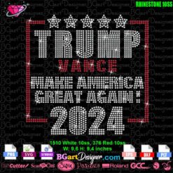 Trump Vance 2024 Rhinestone Template - Downloadable SVG Design for Cricut and Silhouette. This sparkling 'Make America Great Again' rhinestone design is perfect for DIY t-shirts and apparel. Easy to use with your cutting machine for patriotic projects.