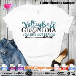 Volleyball Grandma SVG design mockup - Instant download digital file for Cricut, Silhouette, and other cutting machines. Perfect layered vector art for DIY t-shirts and crafting projects. Volleyball Grandma shirt design SVG with 'You Just Got Served' quote. Ideal for custom sports apparel or grandma gifts. Available in SVG, PNG, EPS, DXF formats.