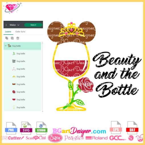 Beauty and the beast wine glass svg cricut silhouette, belle drunk disney glass svg, beauty and the bottle svg layered vinyl, disney princess wine glass svg cutting file