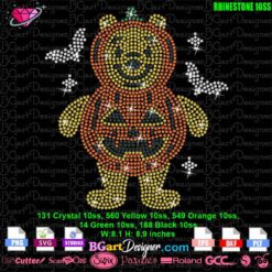 Rhinestone 10ss Halloween bear design with crystal, yellow, orange, green, and black rhinestones, ready for instant download. This 8.1 x 8.9-inch design is perfect for t-shirts, sweatshirts, and DIY crafts using cutting machines like Cricut and Silhouette. Features a cute bear in a pumpkin costume with bats and sparkling details. Ideal for adding a touch of Halloween magic to your projects. Downloadable in multiple formats: SVG, EPS, DXF, PNG.