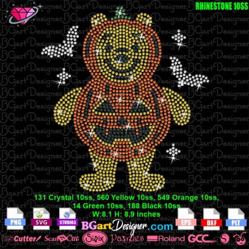 Rhinestone 10ss Halloween bear design with crystal, yellow, orange, green, and black rhinestones, ready for instant download. This 8.1 x 8.9-inch design is perfect for t-shirts, sweatshirts, and DIY crafts using cutting machines like Cricut and Silhouette. Features a cute bear in a pumpkin costume with bats and sparkling details. Ideal for adding a touch of Halloween magic to your projects. Downloadable in multiple formats: SVG, EPS, DXF, PNG.