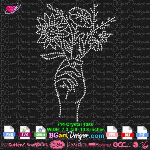 woman hand wildflowers rhinestone svg cricut silhouette, hand flowers rhinestone bling transfer