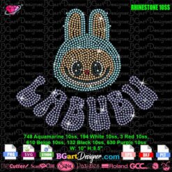 Labubu rhinestone design for shirt with bunny head and LABUBU text, includes SS10 rhinestone color map, SVG PLT DXF EPS Studio3 formats