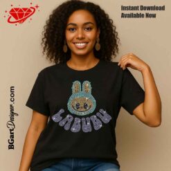 Woman wearing black t-shirt with Labubu rhinestone design for shirt, digital download for Cricut and rhinestone machines