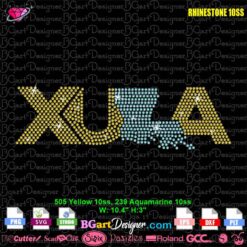 Xavier University of Louisiana rhinestone template XULA yellow and aquamarine design for digital cutting machines.