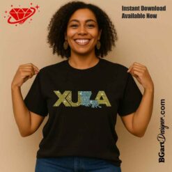 Woman wearing black t-shirt with Xavier University of Louisiana rhinestone template design in yellow and aquamarine crystals.