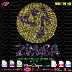 Zumba rhinestone template digital download in purple and yellow with stone count, for cutting machines and sports apparel decoration