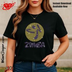 Zumba rhinestone template on black t-shirt showing purple and yellow design, ideal for customizing activewear with rhinestones