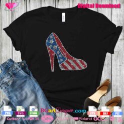 Patriotic Girl American Flag High Heel Rhinestone SVG Design on T-Shirt Mockup - Digital Download for Cricut and Silhouette - Includes SVG, EPS, DXF, PLT, PNG Formats - Perfect for Custom T-Shirts and DIY Projects