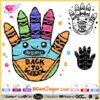 Back to School handprint SVG design for Cricut, featuring colorful crayon and pencil elements. This layered vector file is perfect for creating custom back-to-school crafts, t-shirts, and gifts. Instant download for cutting machines like Silhouette and Cricut.