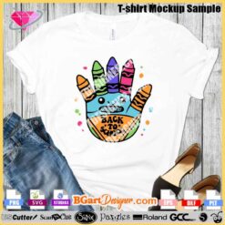 Instant download Back to School handprint design SVG for Cricut and Silhouette. Perfect for crafting unique back-to-school t-shirts. Layered vector file with crayon and pencil elements, ideal for teachers and parents looking to create personalized back-to-school gifts.