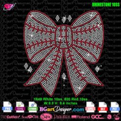 Digital rhinestone baseball bow design with red and white crystals, mimicking baseball stitching. The template is available in SVG, DXF, EPS, PNG, and PLT formats for Cricut and Silhouette.