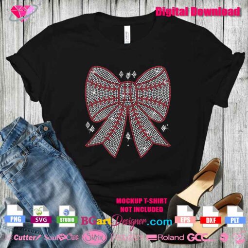 Black t-shirt featuring a baseball rhinestone bow design with sparkling red and white crystals. The digital download includes SVG, DXF, EPS, PNG, and PLT formats for Cricut and Silhouette cutting machines.