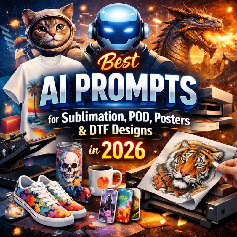 AI prompts for sublimation, POD, posters and DTF designs in 2026 with AI generated artwork for print on demand products