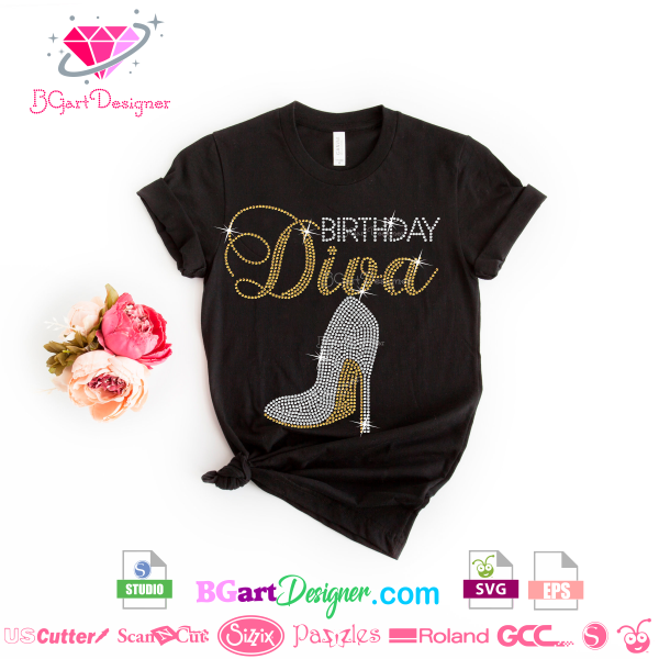 Bling Squad Birthday Diva High Heel Rhinestone T-Shirt Ripped Cut Out Short