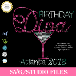 Birthday diva rhinestone Download, Women's Rhinestone T-Shirt " Birthday Diva with High Heel and Martini " Choose Diva & Shoe Color