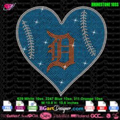 Detroit Tigers heart rhinestone SVG template with blue background and orange 'D' logo for t-shirt design.