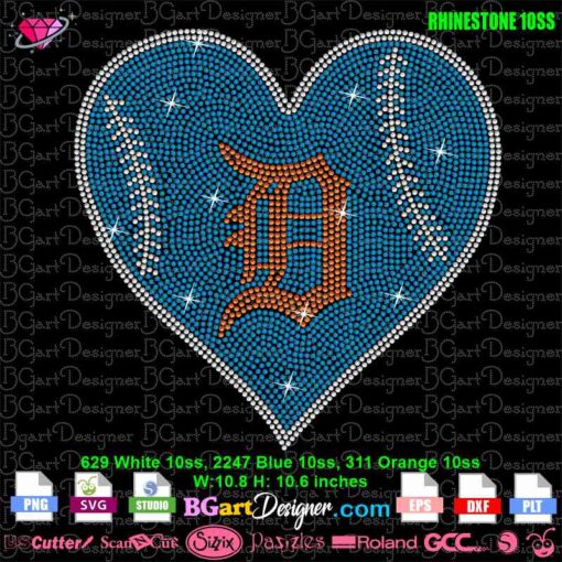 Detroit Tigers heart rhinestone SVG template with blue background and orange 'D' logo for t-shirt design.