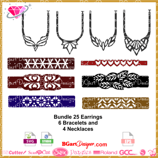 bundle earrings, necklaces and bracelet, faux leather earrings svg cricut files, instant download, Faux Leather jewelry bundle