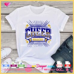 Customizable Cheer Mascot SVG design for cutting machines featuring bold text and vibrant details, perfect for creating personalized cheerleader shirts and accessories.