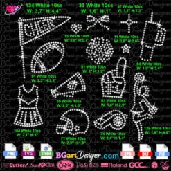 Cheer Mom rhinestone template digital svg plt featuring football, bow, cheerleader, helmet, uniform, megaphone, whistle, and foam finger