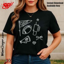DIY Cheer design Shirt with rhinestone football, bow, cheer flag, tumbler, heart, megaphone, Cheer Mom rhinestone template digital svg plt