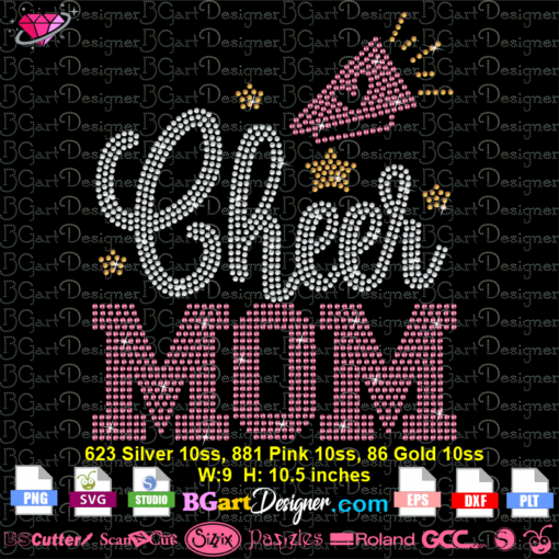 cheer mom loud rhinestone svg cricut silhouette, cheer proud mom digital rhinestone template, cheer mom stars bling transfer iron on