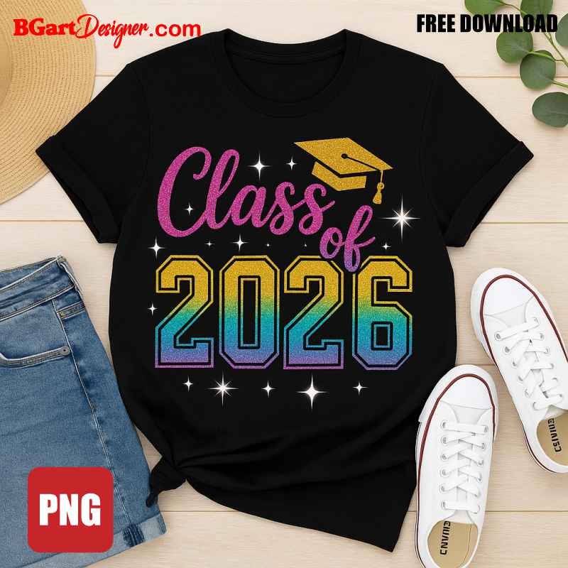 Free PNG class of 2026 for dtf, sublimation, graduation shirt digital design template with cap and glitter style