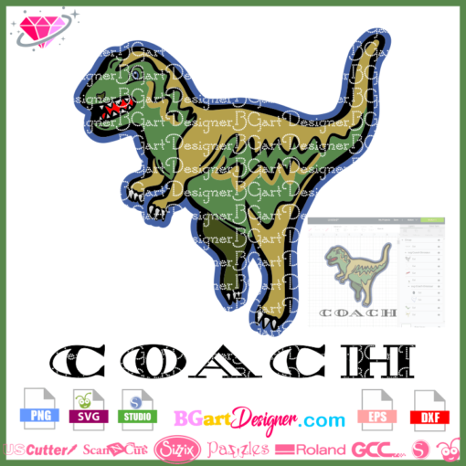 Coach dinosaur rexy svg, rexy coach dino png, rexy dinosaur svg cricut silhouette file, download dino rexy logo cut files