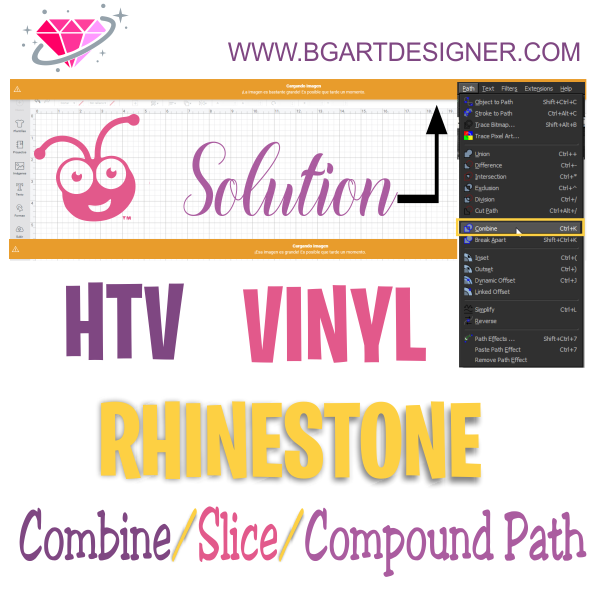 Combine, Slice, Compound path for cut vinyl or Rhinestone template, solution error cricut upload image big size too elements
