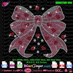 Coquette rhinestone bow design with hearts for Valentine's Day crafts, available in SVG, DXF, PNG, EPS formats. Perfect for DIY projects and romantic-themed designs.