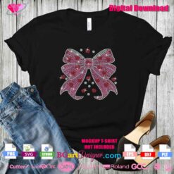 Coquette rhinestone bow t-shirt design with hearts, ideal for Valentine's Day apparel and romantic-themed outfits. Available in SVG, DXF, PNG, EPS formats.