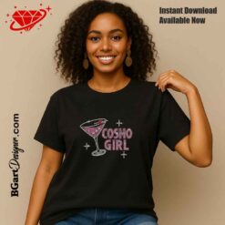 Woman modeling a black shirt with a pink Cosmo Girl martini rhinestone design