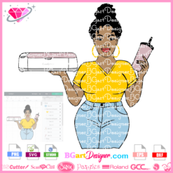craft queen woman with cricut in hand and skinny tumbler svg vector layered silhouette, afro woman crafting svg download, woman with a cricut clipart sublimation