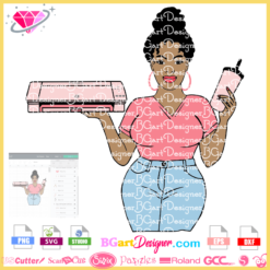 craft queen woman with silhouette cameo in hand and skinny tumbler svg vector layered silhouette, afro woman crafting svg download, woman with a silhouette clipart sublimation