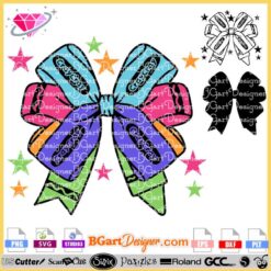 Downloadable layered vector design featuring a vibrant crayon bow, perfect for crafting personalized teacher gifts and back-to-school items. This SVG bundle is compatible with Cricut, Silhouette, and other cutting machines, allowing for endless creative possibilities. Ideal for making coquette bows, teacher shirts, and more