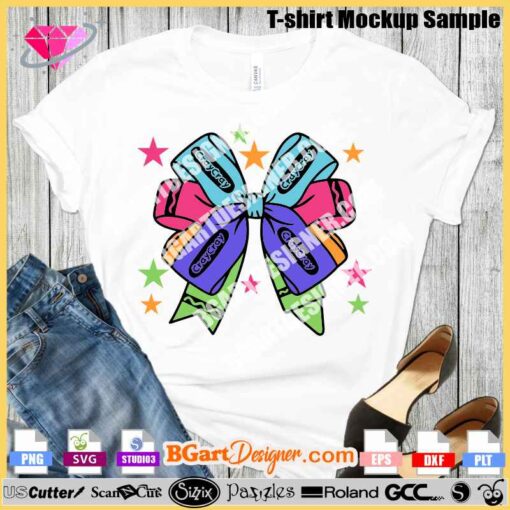 Instant download digital layered vector design featuring a colorful crayon bow, perfect for teachers and back-to-school projects. This SVG file is ideal for use with Cricut, Silhouette, and other cutting machines. Create custom teacher shirts, coquette bows, or unique teacher gifts with this vibrant design.