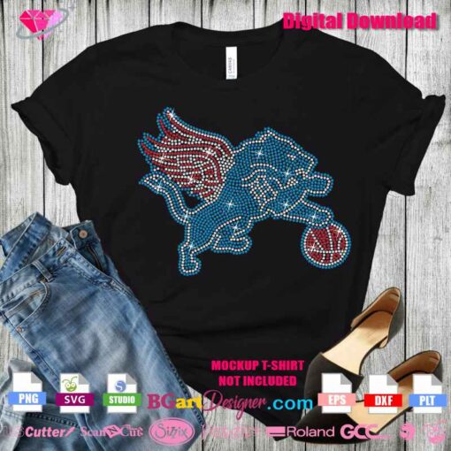 Detroit sports teams mashup rhinestone design on black T-shirt mockup, with basketball and winged lion elements