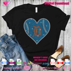 Black t-shirt mockup with Detroit Tigers rhinestone heart design featuring orange 'D' logo and blue background.