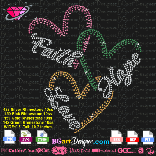 faith hope love hearts rhinestone svg cricut silhouette, bible verse bling quote transfer download, cross heart rhinestone template vector cut file eps plt