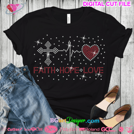 rhinestone faith hope love womens, rhinestone breast cancer awareness, hotfix iron on transfer