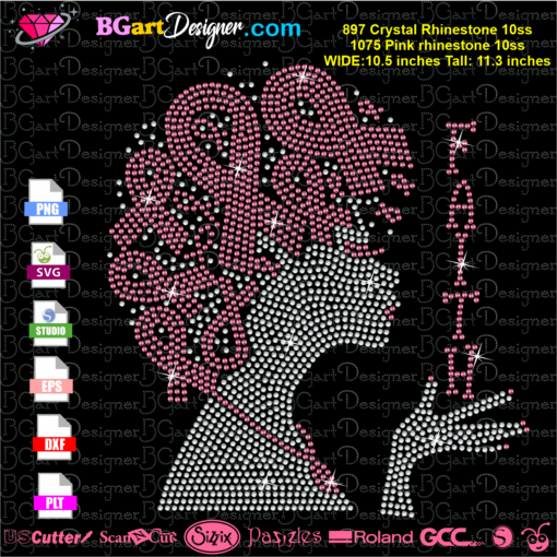 faith woman pink ribbon hair rhinestone svg cricut silhouette digital download, woman breast cancer awareness bling file