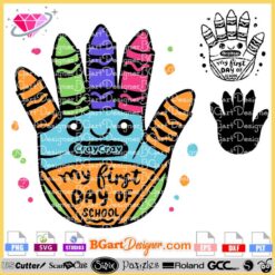 first day of school handprint SVG design for Cricut, featuring colorful crayon and pencil elements. This layered vector file is perfect for creating custom back-to-school crafts, t-shirts, and gifts. Instant download for cutting machines like Silhouette and Cricut.