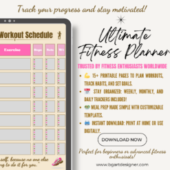 Ultimate fitness planner featuring workout schedule, daily trackers, meal prep templates, and customizable goals. Ideal for beginners or advanced fitness enthusiasts. Instant download available.