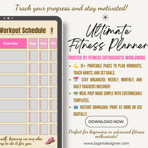 Ultimate fitness planner featuring workout schedule, daily trackers, meal prep templates, and customizable goals. Ideal for beginners or advanced fitness enthusiasts. Instant download available.