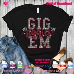 Mockup of a black t-shirt with 'Gig ‘Em Aggies' rhinestone design, digital download for Texas A&M fans in SVG, PNG, DXF, and EPS formats.