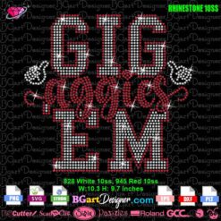 Digital ‘Gig ‘Em Aggies’ rhinestone template in SVG, PNG, DXF, and EPS formats for Texas A&M fans, 10SS rhinestone pattern 10.3 x 9.7 inches.